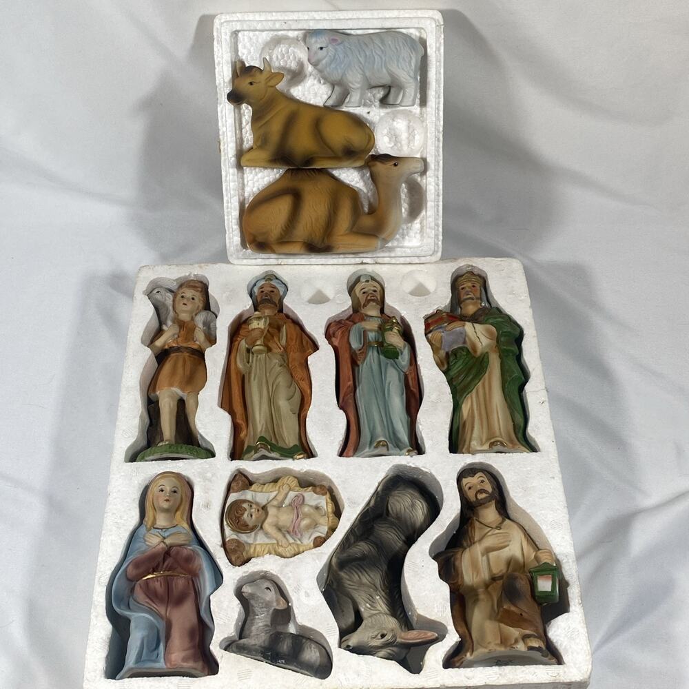 Homco Nativity Sets 5216 9 Piece & 5552 3 Piece Porcelain Bisque Complete W/Foam